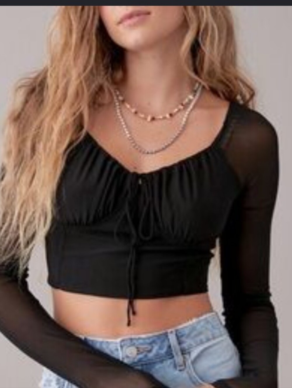 NWT American Eagle Outfitters Black Sheer Mesh Long Sleeve Sq Neck Drawstring M